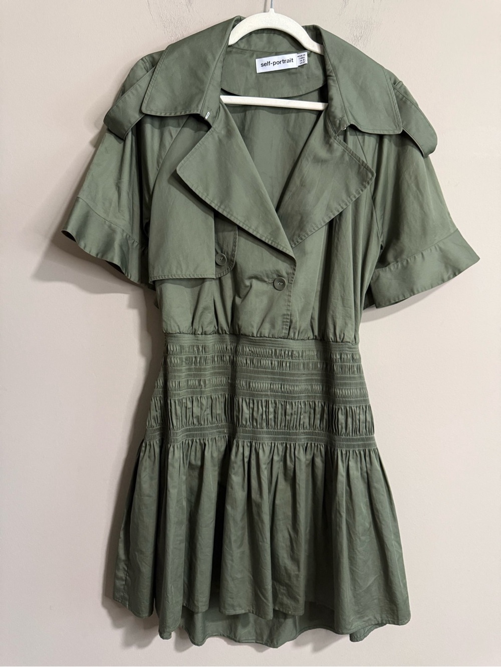 Self-Portrait Khaki Trench Mini Dress Smocked Open Back US 12 UK 16
